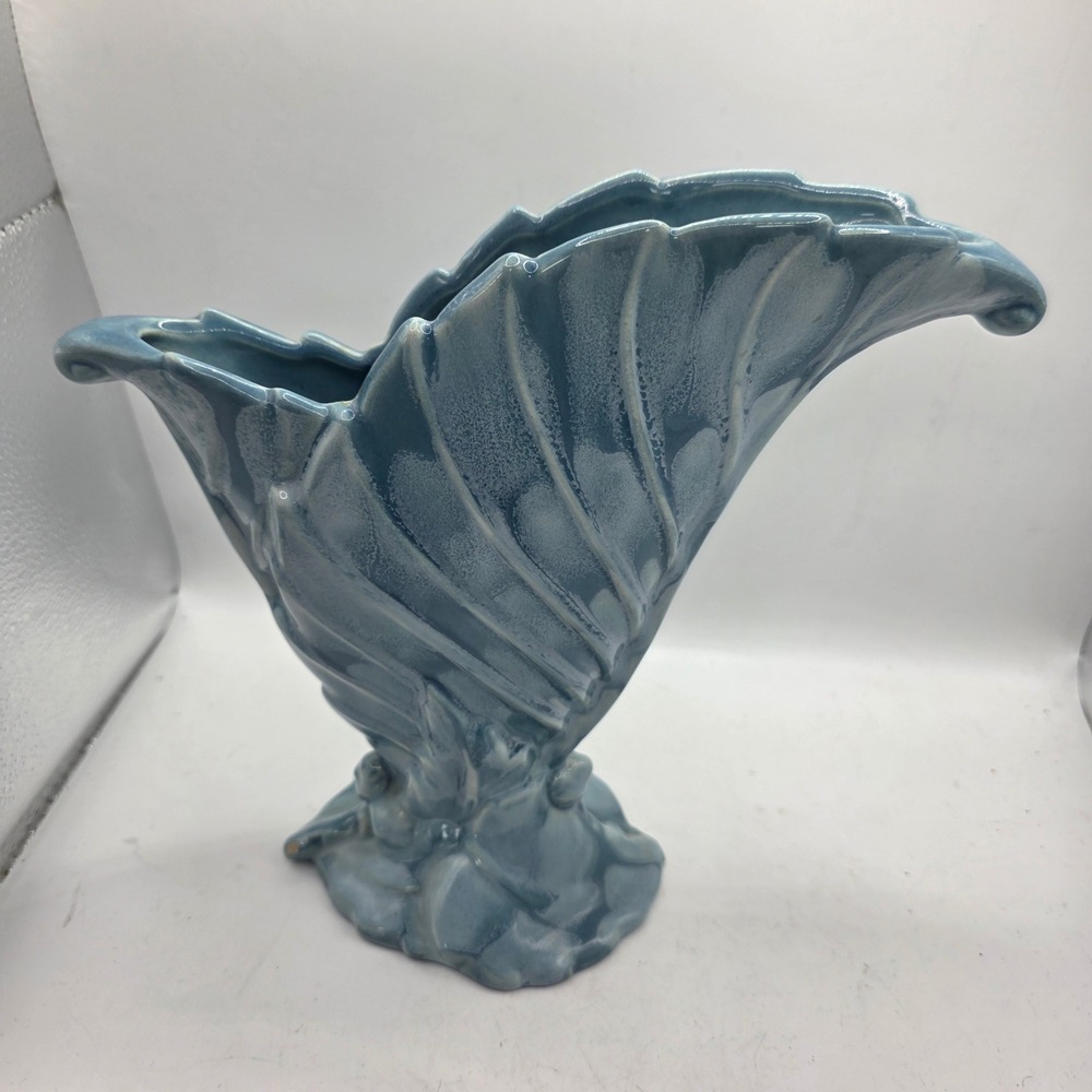 Vintage Royal Haeger Royal Hickman Blue Fan Leaf Vase Planter Art Pottery USA